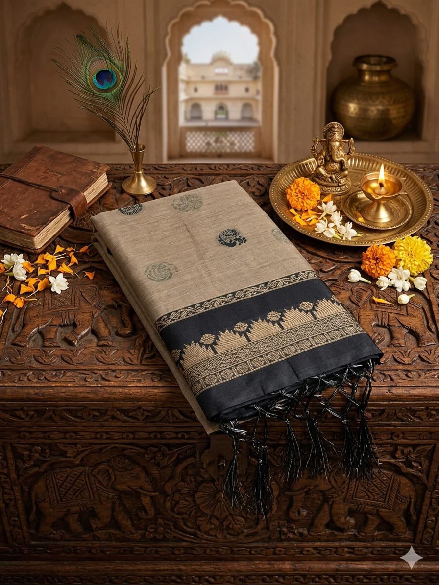 Scrumptious Beige Cotton Silk Saree With Staring Blouse Piece