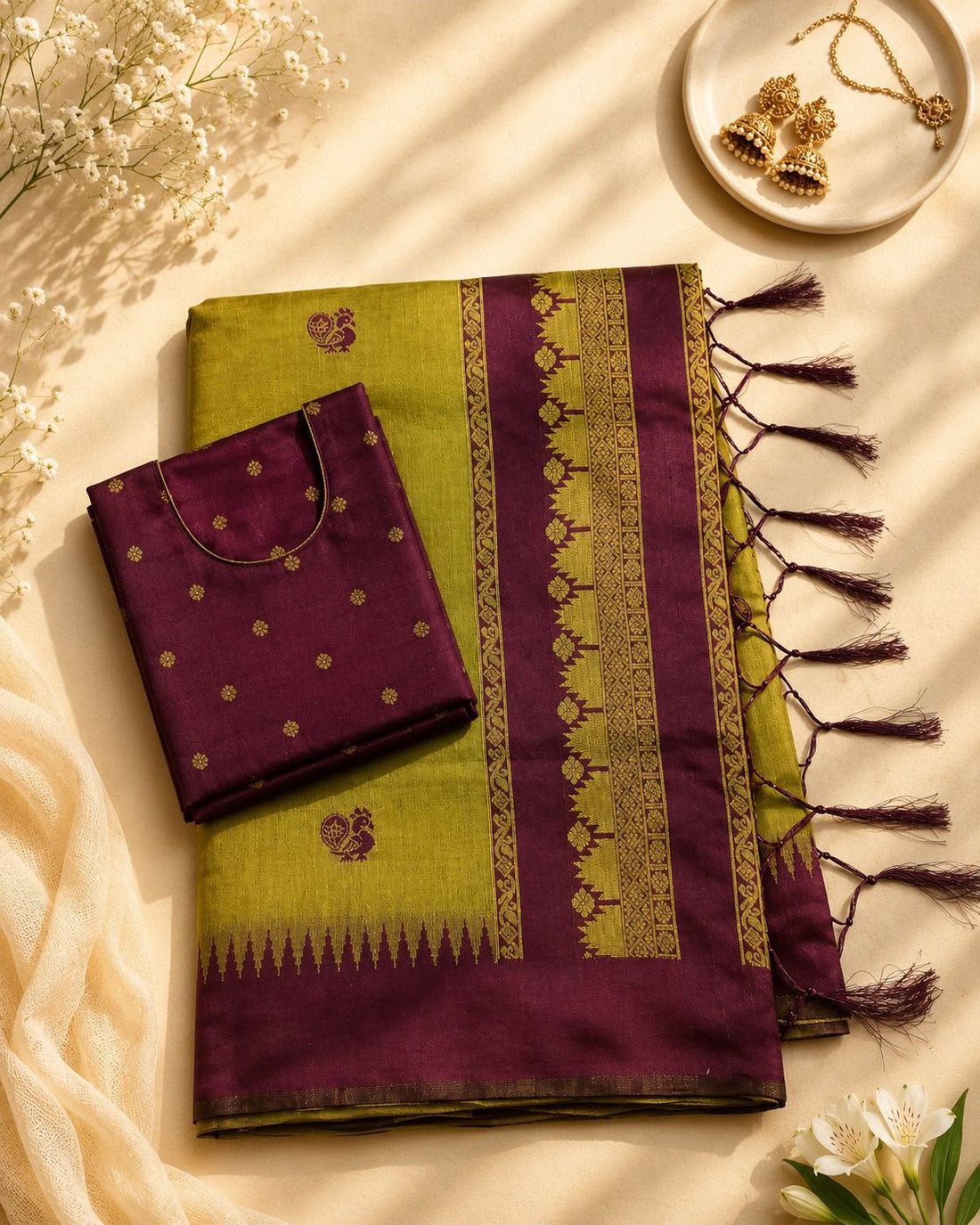 Arresting Green Cotton Silk Saree With Brood Blouse Piece