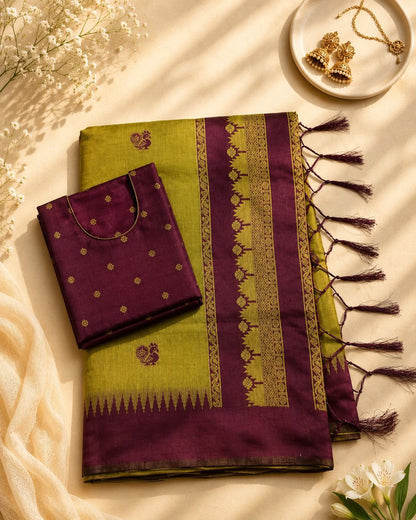 Arresting Green Cotton Silk Saree With Brood Blouse Piece