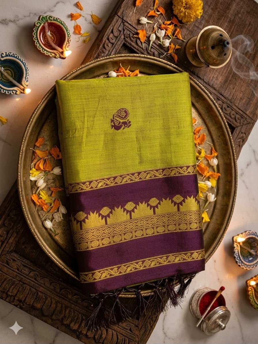 Arresting Green Cotton Silk Saree With Brood Blouse Piece