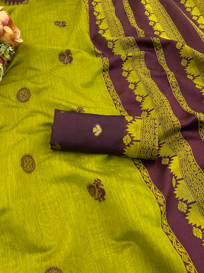 Arresting Green Cotton Silk Saree With Brood Blouse Piece