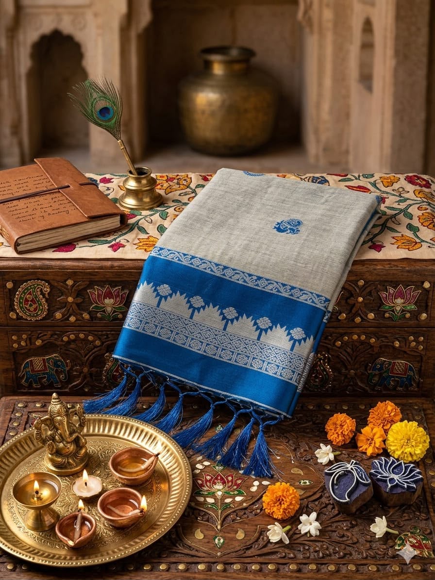 Sensational Grey Cotton Silk Saree With Nemesis Blouse Piece