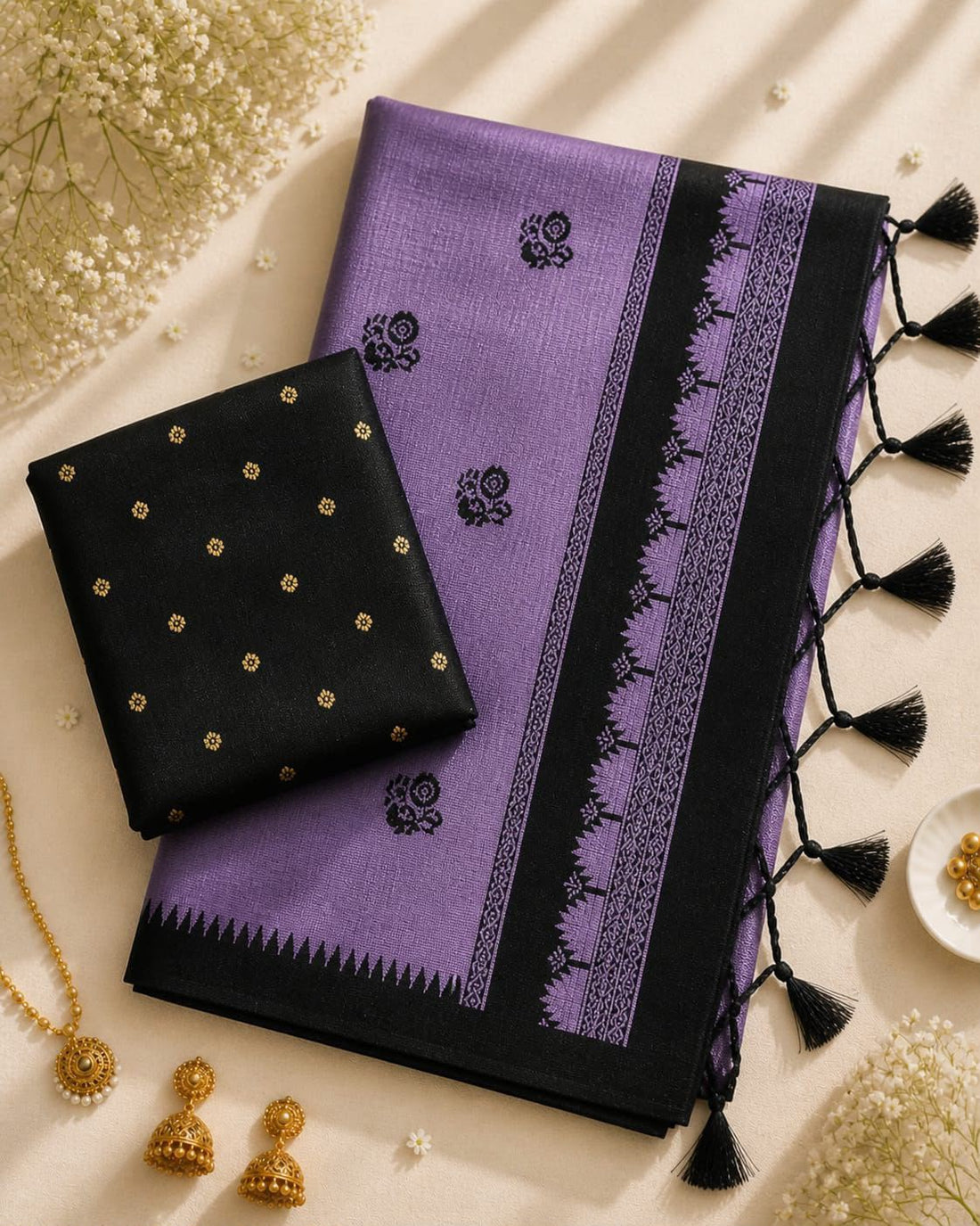 Charming Lavender Cotton Silk Saree With Blooming Blouse Piece