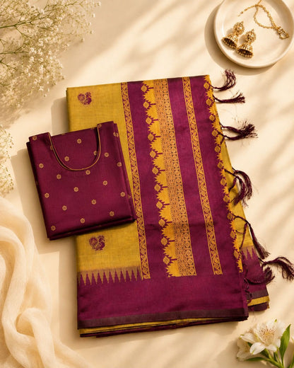 Wonderful Mustard Cotton Silk Saree With Ebullience Blouse Piece