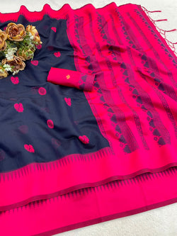 Chatoyant Navy Blue Cotton Silk Saree With Ornate Blouse Piece