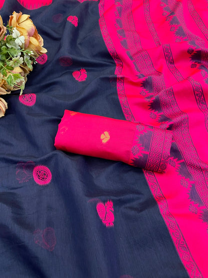Chatoyant Navy Blue Cotton Silk Saree With Ornate Blouse Piece