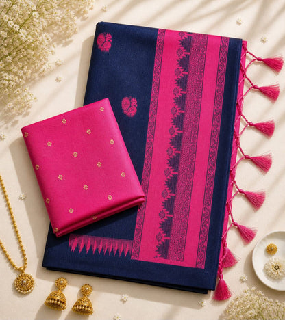 Chatoyant Navy Blue Cotton Silk Saree With Ornate Blouse Piece