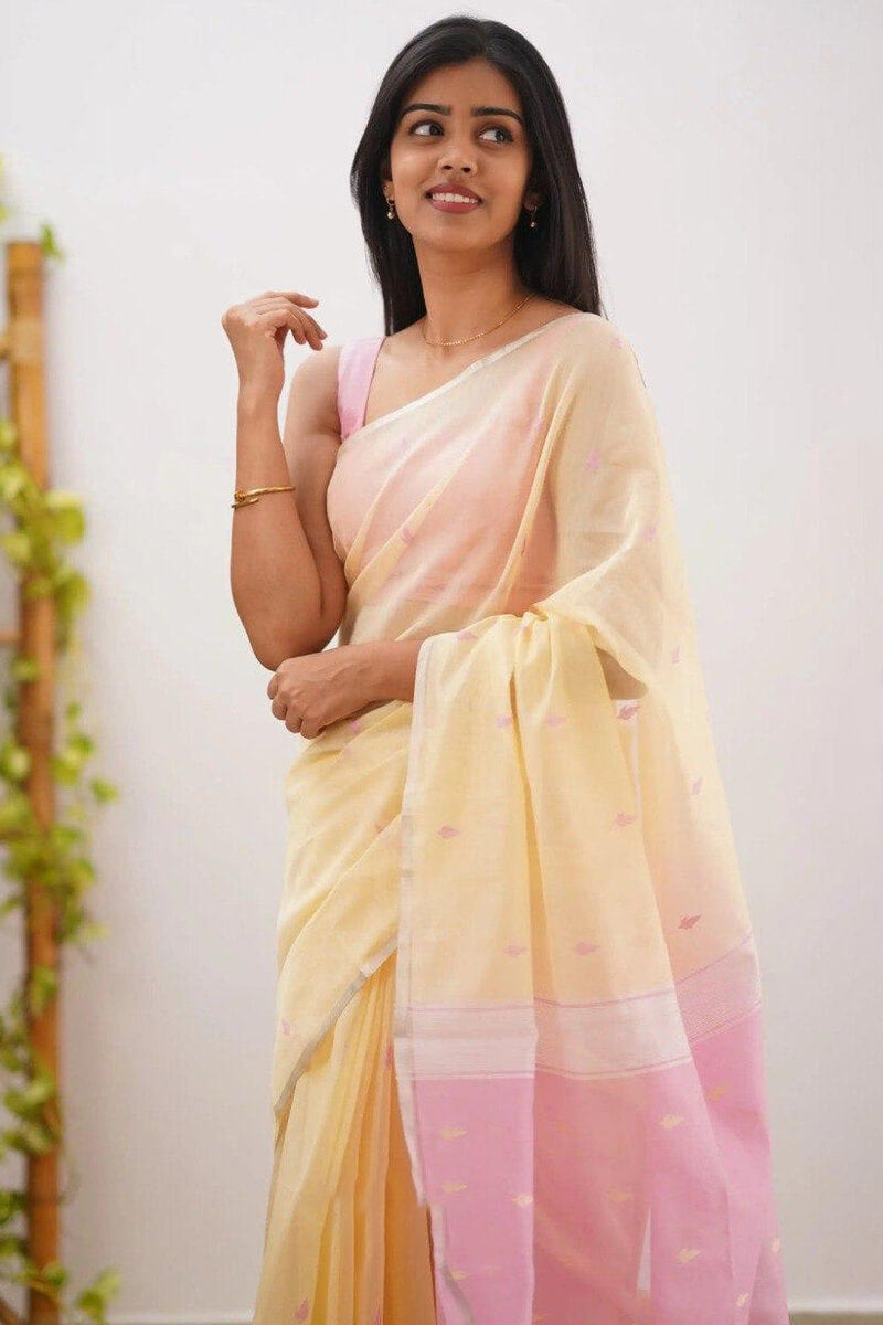 Radiant Yellow Cotton Silk Saree With Demanding Blouse Piece