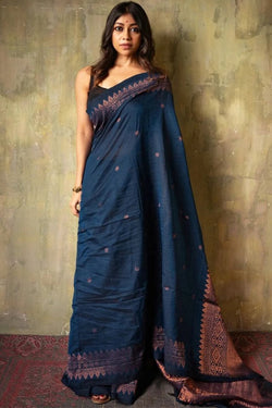 Angelic Navy Blue Soft Silk Saree With Assemblage Blouse Piece