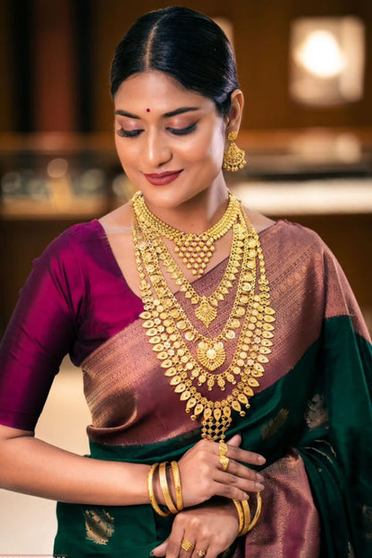 Forbearance Dark Green Soft Silk Saree With Imaginative Blouse Piece