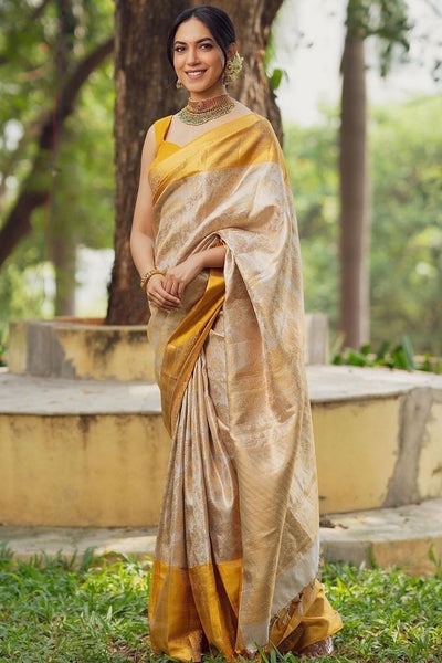 Imbrication Beige Soft Silk Saree With Embellished Blouse Piece