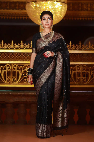 Outstanding Black Soft Banarasi Silk Saree With Angelic Blouse Piece