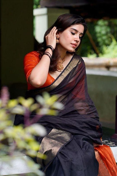 Load image into Gallery viewer, Ravishing Black Soft Silk Saree With Enthralling Blouse Piece
