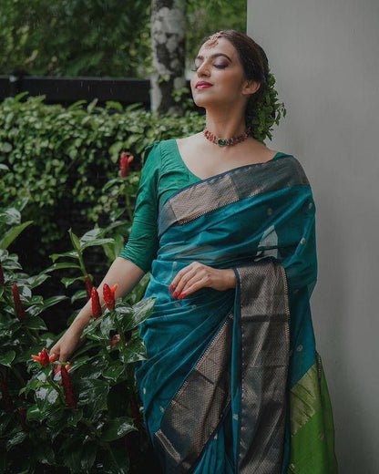 Serendipity Rama Soft Silk Saree With Ravishing Blouse Piece