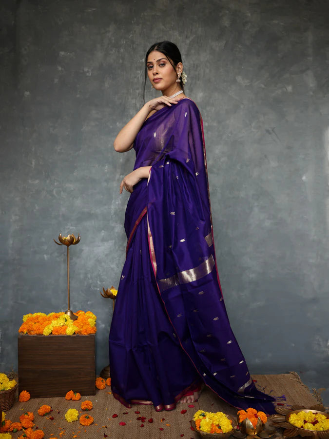 Fantabulous Navy Blue Cotton Silk Saree With Embellished Blouse Piece