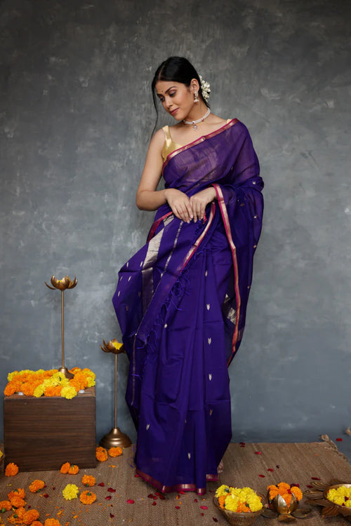 Load image into Gallery viewer, Fantabulous Navy Blue Cotton Silk Saree With Embellished Blouse Piece
