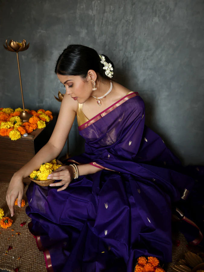 Fantabulous Navy Blue Cotton Silk Saree With Embellished Blouse Piece