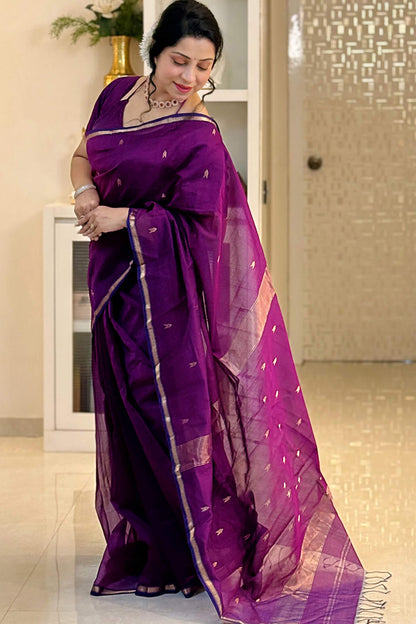Prettiest Purple Cotton Silk Saree With Glorious Blouse Piece