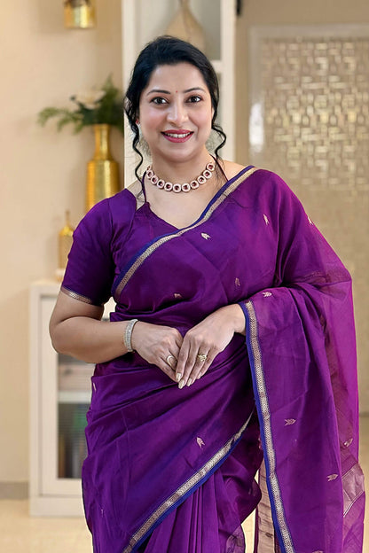 Prettiest Purple Cotton Silk Saree With Glorious Blouse Piece