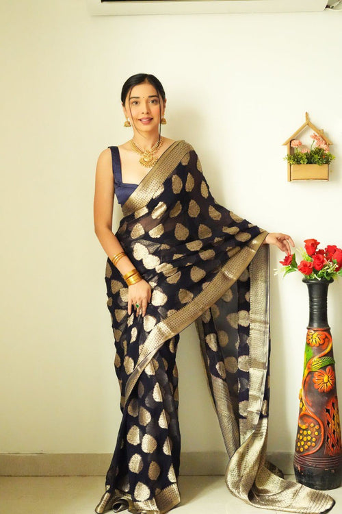 Load image into Gallery viewer, Tempting 1-Minute Ready To Wear Black Soft Silk Saree
