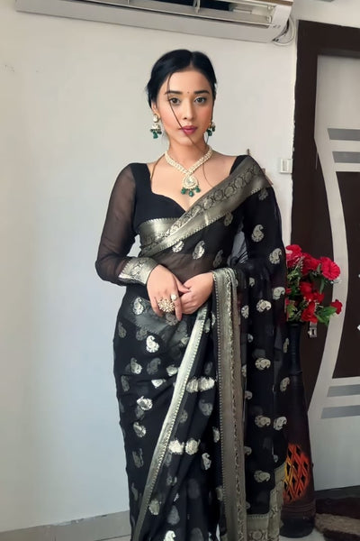 Most Stunning 1-Minute Ready To Wear Black Cotton Silk Saree