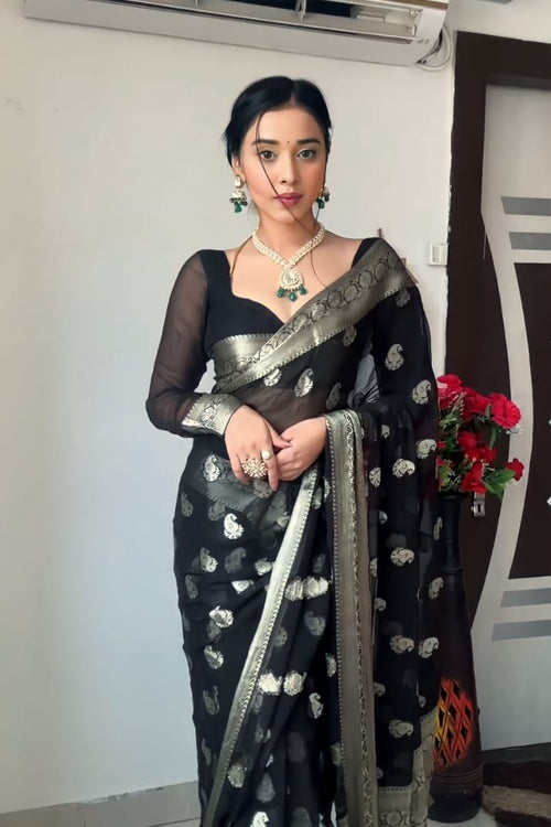 Load image into Gallery viewer, Most Stunning 1-Minute Ready To Wear Black Cotton Silk Saree
