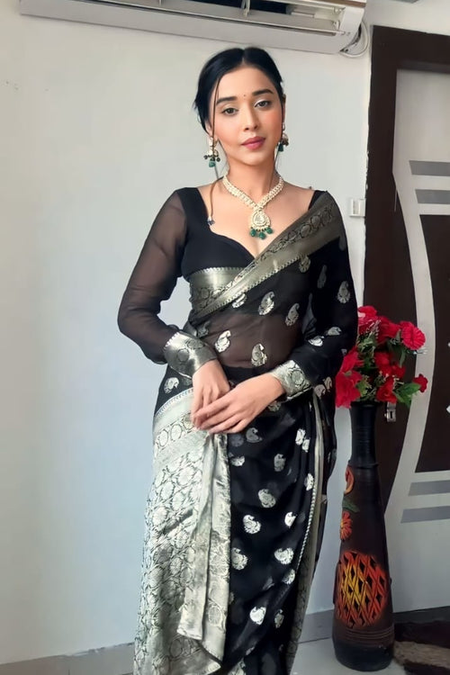 Load image into Gallery viewer, Most Stunning 1-Minute Ready To Wear Black Cotton Silk Saree
