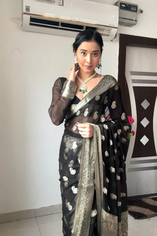 Load image into Gallery viewer, Most Stunning 1-Minute Ready To Wear Black Cotton Silk Saree
