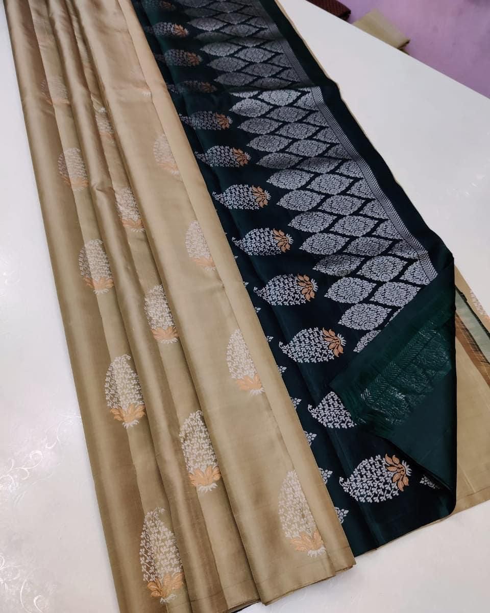 Demesne Beige Soft Silk Saree With Rhapsody Blouse Piece