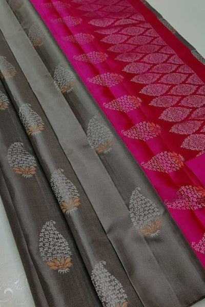 Charming Grey Soft Silk Saree With Ethereal Blouse Piece