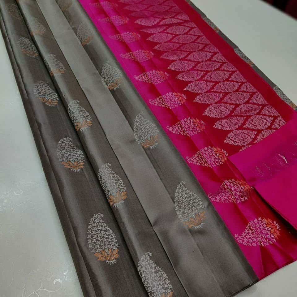 Charming Grey Soft Silk Saree With Ethereal Blouse Piece