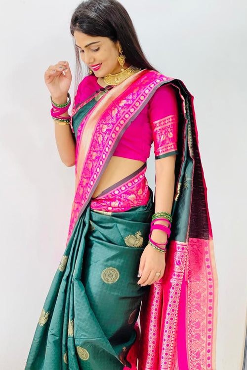 Load image into Gallery viewer, Blooming Green Soft Banarasi Silk Saree With Ethnic Blouse Piece
