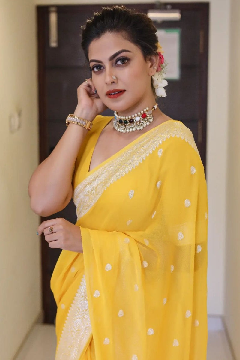 Exquisite Yellow Soft Silk Saree With Profuse Blouse Piece