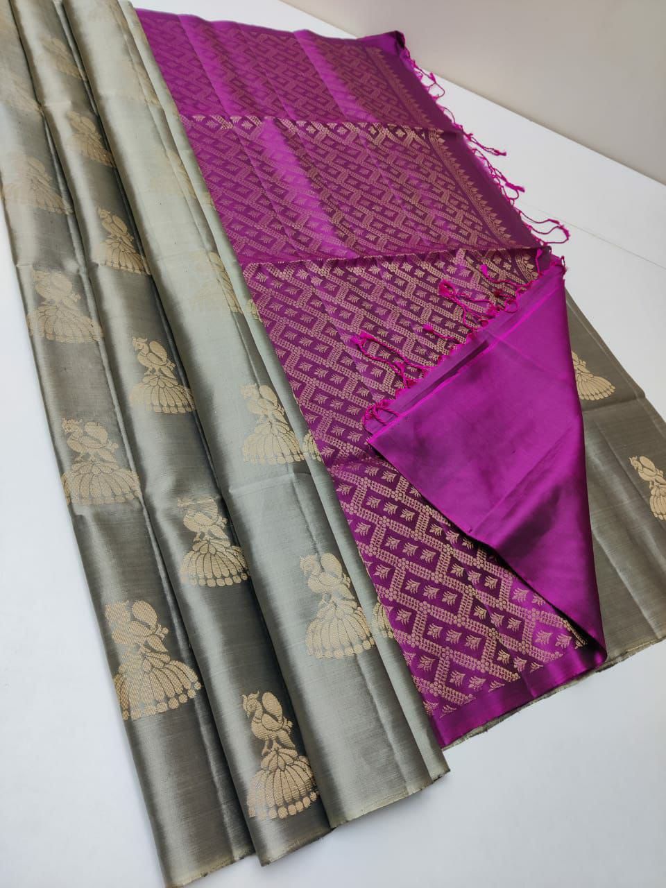 Innovative Grey Soft Silk Saree With Amazing Blouse Piece
