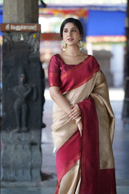 Ethnic Beige Soft Silk Saree With Breathtaking Blouse Piece