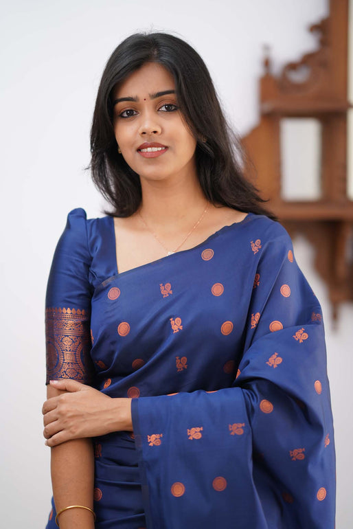 Gratifying Blue Soft Silk Saree With Skinny Blouse Piece