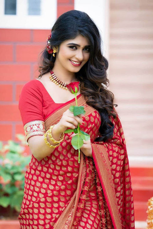 Load image into Gallery viewer, Stylish Red Soft Silk Saree With Unique Pink Blouse Piece
