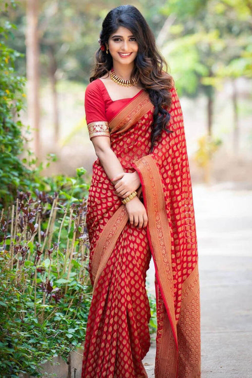 Load image into Gallery viewer, Stylish Red Soft Silk Saree With Unique Pink Blouse Piece
