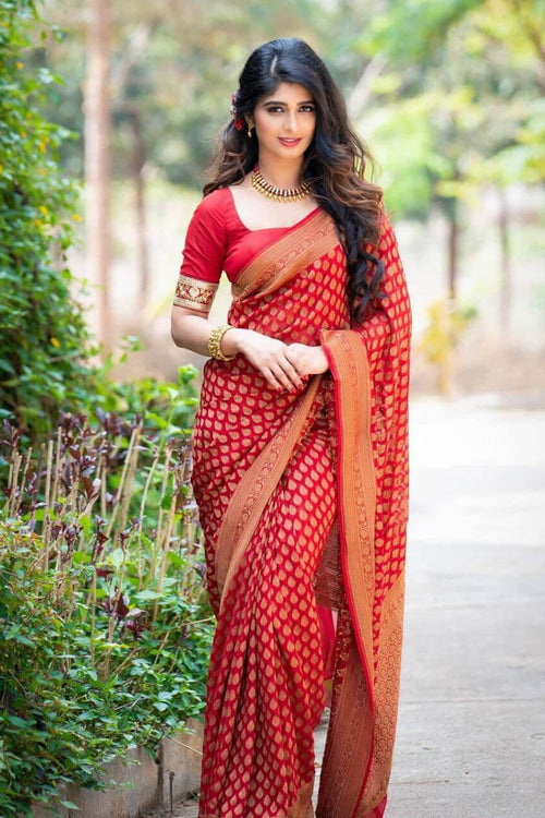 Load image into Gallery viewer, Stylish Red Soft Silk Saree With Unique Pink Blouse Piece
