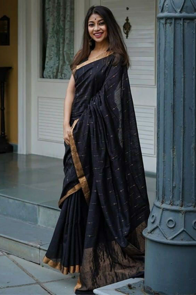 Appealing Black Cotton Silk Saree With Felicitous Blouse Piece