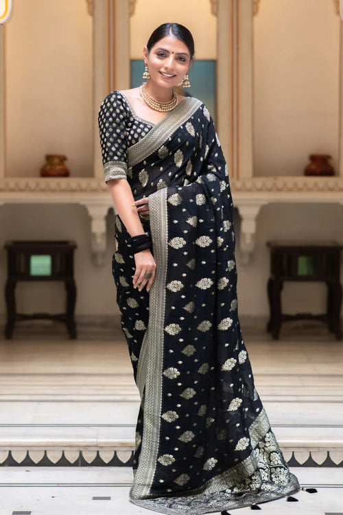 Load image into Gallery viewer, Beautiful Black Soft Banarasi Silk Saree With Desiring Blouse Piece
