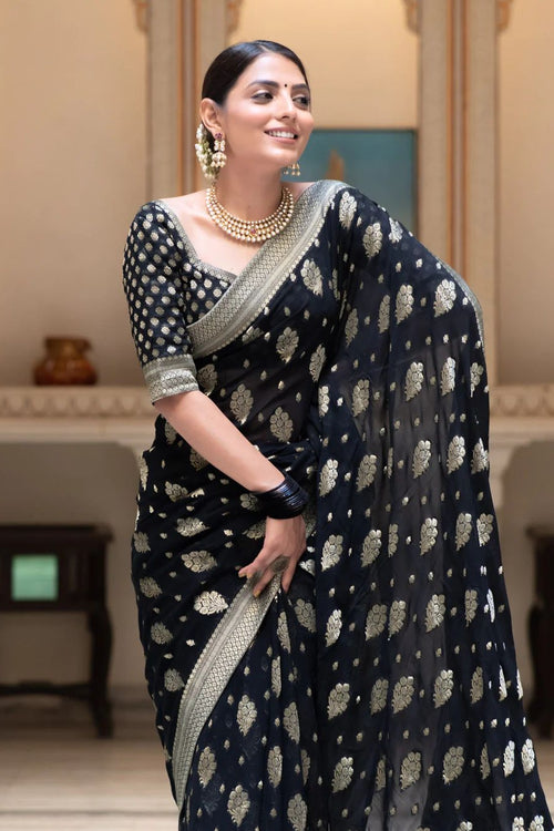 Load image into Gallery viewer, Beautiful Black Soft Banarasi Silk Saree With Desiring Blouse Piece
