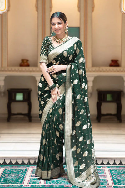 Exceptional Dark Green Soft Banarasi Silk Saree With Exceptional Blouse Piece