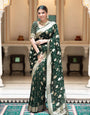 Exceptional Dark Green Soft Banarasi Silk Saree With Exceptional Blouse Piece