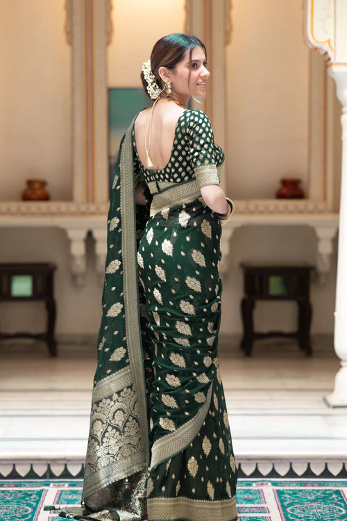 Load image into Gallery viewer, Exceptional Dark Green Soft Banarasi Silk Saree With Exceptional Blouse Piece
