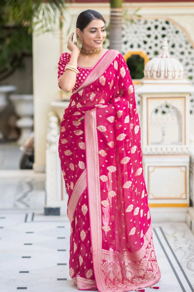 Admirable Dark Pink Soft Banarasi Silk Saree With Desuetude Blouse Piece