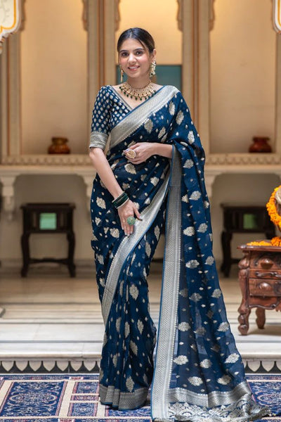 Dazzling Navy Blue Soft Banarasi Silk Saree With Attractive Blouse Piece
