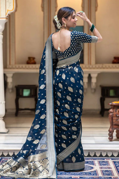 Dazzling Navy Blue Soft Banarasi Silk Saree With Attractive Blouse Piece