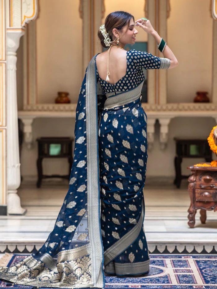 Dazzling Navy Blue Soft Banarasi Silk Saree With Attractive Blouse Piece