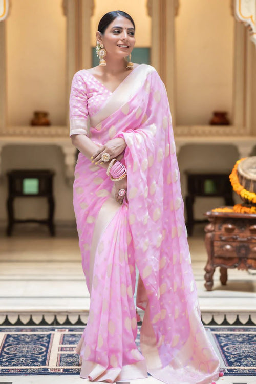 Load image into Gallery viewer, Exceptional Pink Soft Banarasi Silk Saree With Twirling Blouse Piece
